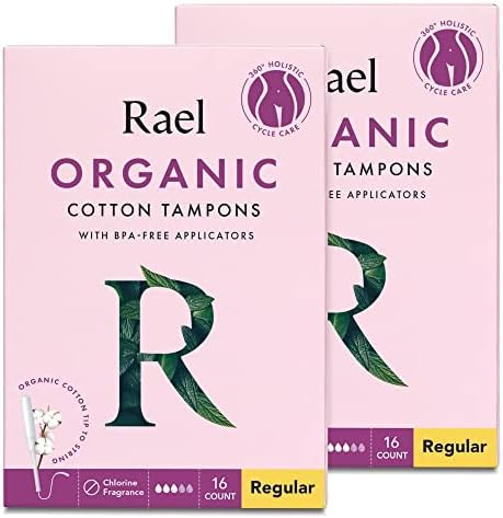 Rael Organic Cotton Unscented Tampons – Regular Absorbency, BPA Free Plastic Applicator, Chlorine Free, Ultra Thin Applicator with Leak Locker Technology (32 Count, Regular)