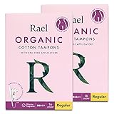 Rael Organic Cotton Unscented Tampons - Regular Absorbency, BPA Free Plastic Applicator, Chlorine Free, Ultra Thin Applicator with Leak Locker Technology (32ct Total), Pack of 2 (Regular)