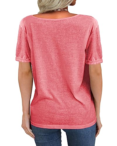 Image of Danedvi Women Deep V-Neck Short Sleeve Tops Solid Casual Loose T Shirt