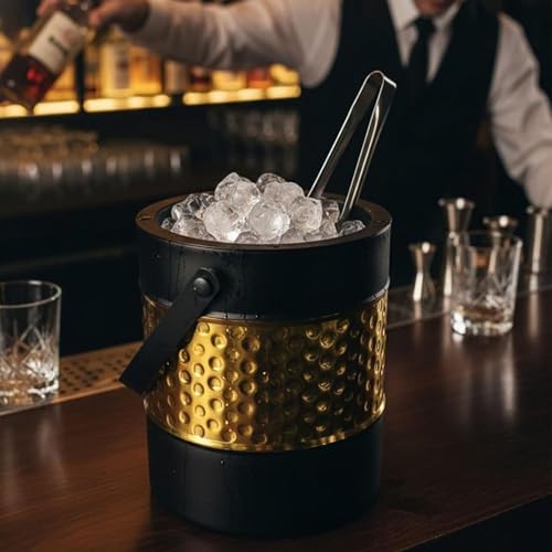 Image of FINALITY Stainless Steel Double Walled Insulated Ice Bucket with Lid with Tong and V Peg Measure, 1.5 Liter| (Black with Gold Hammered IB+Tong+Peg Measure)