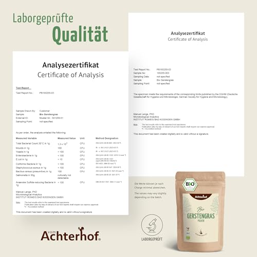Foto von Gerstengras Pulver Bio 500g | reines und natürliches Superfood in Rohkostqualität | regelmäßige Nährwertkontrollen | aus deutschem Anbau | vom Achterhof