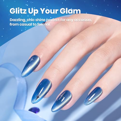 Image of Beetles Blue Cat Eye Gel Nail Polish - 15ML Blue Glass Cat Eye Glitter Magnetic Gel Polish Shimmer Soak Off UV Stellar Whisper Collection Nail Art Design Manicure Gifts for Women