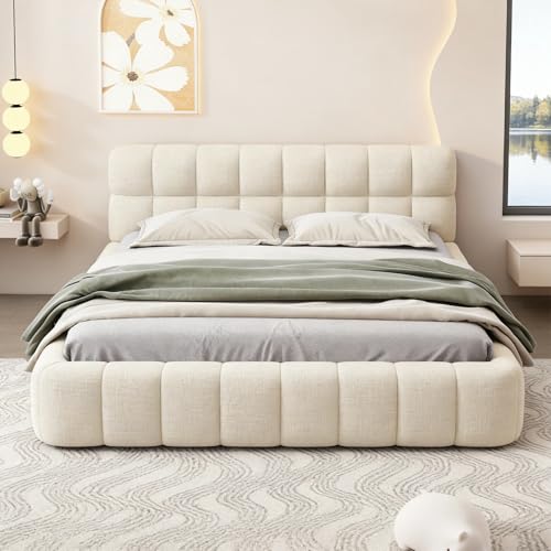 BRILVERDE Polsterbett 140x200 cm Bubble Bett, Doppelbett mit Weiches Kopfteil, Jugendbett, Bettgestell mit Lattenrost, Leinen, ohne Matratze (Beige, 140 x 200 cm)