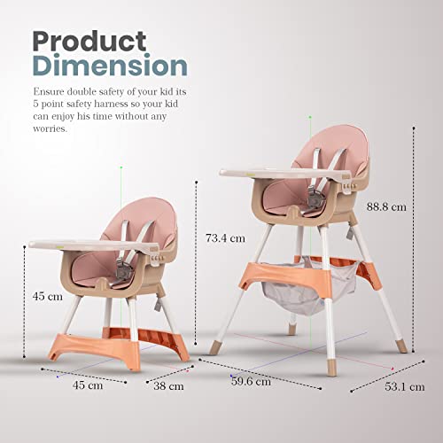 Image of Baybee 2 in 1 Manta Baby High Chair for Kids, Baby Chair with 2 Height Adjustable, Baby Feeding Chair with Tray, Safety Belt & Basket, Kids High Chair for Baby 6 Months to 4 Years Boys Girls (Pink)