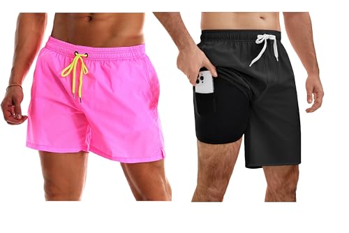 YnimioAOX Mens Swim Shorts with Mesh Lining and Men’s Swim Trunks 9 Inch with Compression Liner, Pink/Black, Small