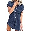 Zilcremo Women Denim Shirt Dresses Short Sleeve Distressed Jean Dress Button Down Casual Tunic Top Navy L