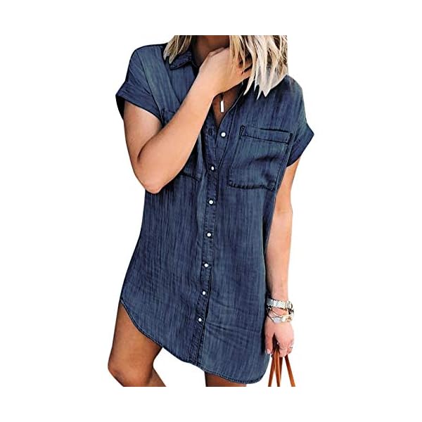 Zilcremo Women Denim Shirt Dresses Short Sleeve Distressed Jean Dress Button Down Casual Tunic Top Navy L