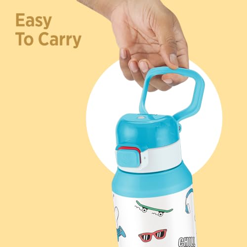 Image of Milton Steel Helio 900 Thermoware Water Bottle 600 ml with One Touch Safety Lock & Twin Lid Sip or Gulp, Long Hours Hot & Cold, Leak Proof, ISI Certified, PU Insulated, for Kids, School, Sky Blue
