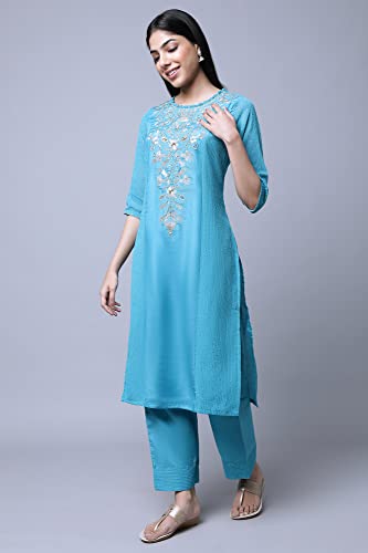 Image of Aurelia Women Solid Silk Kurta Set with Palazzo & Dupatta