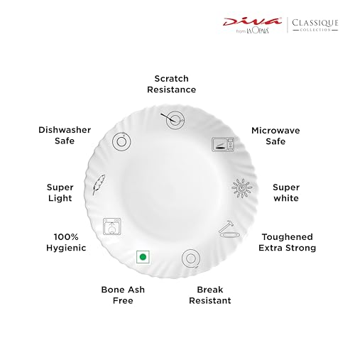 Image of La Opala Diva Classique Collection Opal Glass Crockery | Quarter Plate Set of 6 | Blue Mystique Design | for Snacking & Gifting | Microwave Safe | 100% Vegetarian | Extra Strong | Light & White
