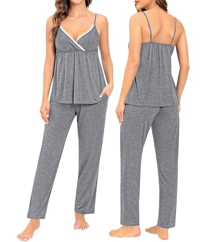 Image of SWOMOG Maternity Nursing Robe Set 3 Piece Breastfeeding Pajamas 3 in 1 Labor Delivery Sleevless Tops&Long Pants Pregnancy Pjs