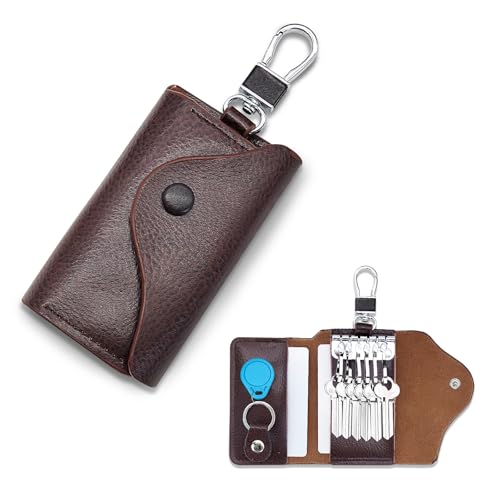 AdiStylinno Key Holder Case, Large Capacity Leather Key Case Wallet Multi-Functional Key Bag with 6 Hooks and Snap (Coffee)
