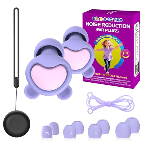 Kids Noise Reduction Ear Plugs(6+yrs) – Reusable Child Ear Protection for Sensitive Ears, Comfortable Earplugs for School, Travel, Focus, Concert, Sleep & Loud Events – 4 Sizes Ear Tips in XS-L, 26dB