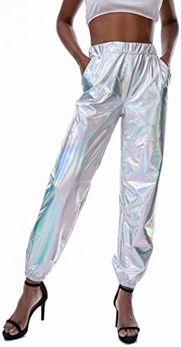 Shiny Metallic Sweatpant for Women Workout Lounge Jogger Pants Night Club Tapered Pant with Pocket for Disco Party (Silver, Large)