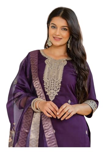 Ensemble kurta Chanderi brodé pour femme avec pantalon ethnique