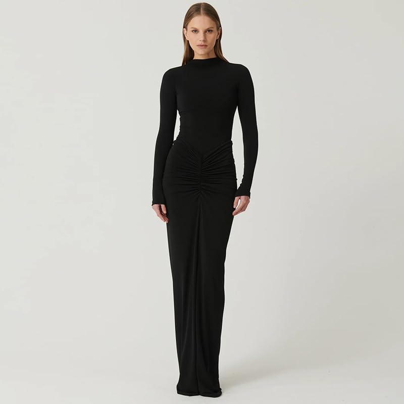 Image of Womens Sexy Maxi Dress Long Sleeve Ruched Bodycon Turtleneck Club Party Casual Wedding Dresses