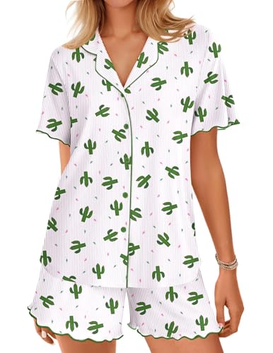 Image of Ekouaer Button Up Pajamas Set for Women Short Sleeve Ribbed Knit Sleepwear 2 Piece Pjs Shorts Set