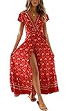 Das Boho Sommerkleid ist sexy und speziell, verziert mit langem Schlitz, tiefem V-Ausschnitt, Blumenmuster, langem Stil und hoher Taille.