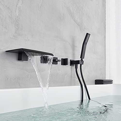 Qinkell Wall Mount Waterfall Bathtub Faucet Hand Shower High Flow Black Roman Tub Filler With 3 Knobs #TOP6