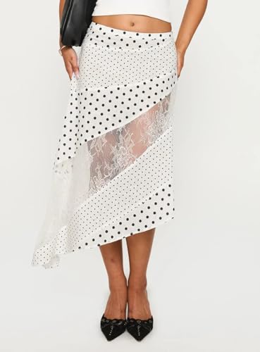 Women Lace Patchwork Maxi Skirts Y2k Polka Dot Asymmetrical Hem Grunge Skirt Flowy High Waist Floral Satin Midi Skirt3