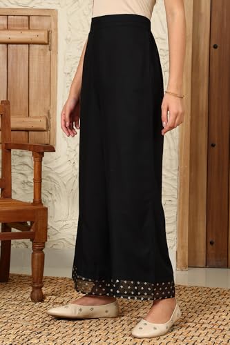 Image of Black Solid Rayon Parallel Pants with Embellished Organza Hemline