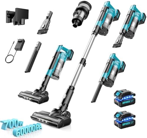 Cordless Vacuum Cleaner with 2 * 4000mAh Batteries, 700W 60Kpa Vacuum Cleaners for Home, 6 in 1 Cordless Stick Vacuum Clearner, Brushless Motor with Led Display for Hard Floors Carpet Pet Hair