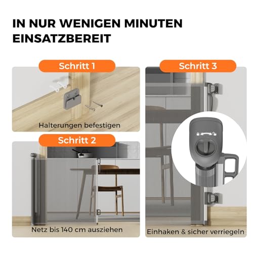 Allyson® Treppenschutzgitter Ausziehbar, Türschutzgitter bis 140 cm Treppengitter für Kinder & Haustiere, Kinderschutzgitter 85 cm Höhe, Haustierschutzgitter Einziehbar, Verstellbar & Stabil – Grau