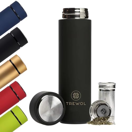 TREWOL Botella Térmica con filtro Infusor de Acero Inoxidable 500ml - Termo para Té, Infusiones y Café con doble parede aislante. Diseño Moderno y Hermético - Libre de BPA(Negro)