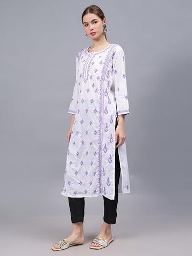 Image of Seva Chikan Hand Embroidered Lucknowi Chikankari Cotton Straight Kurta for Women SCL4567