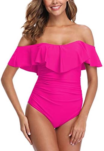 ZINPRETTY Womens Retro One Piece Bathing Suit Tummy Control Off Shoulder Swimsuits Flounce Ruffled Monokini