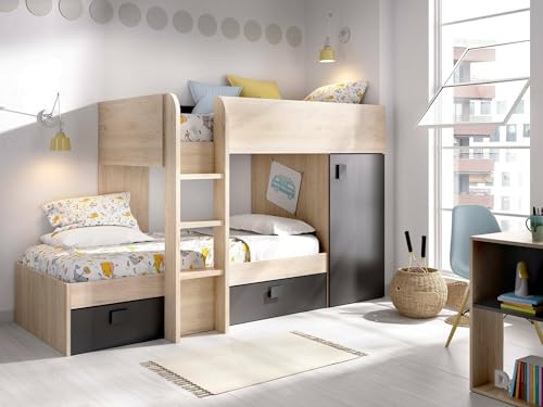 DEKIT GRUPO RIMOBEL MOVE - Cama tren para dormitorio con doble montaje y con dos camas - Grafito / Natural - 191x150x255 cm