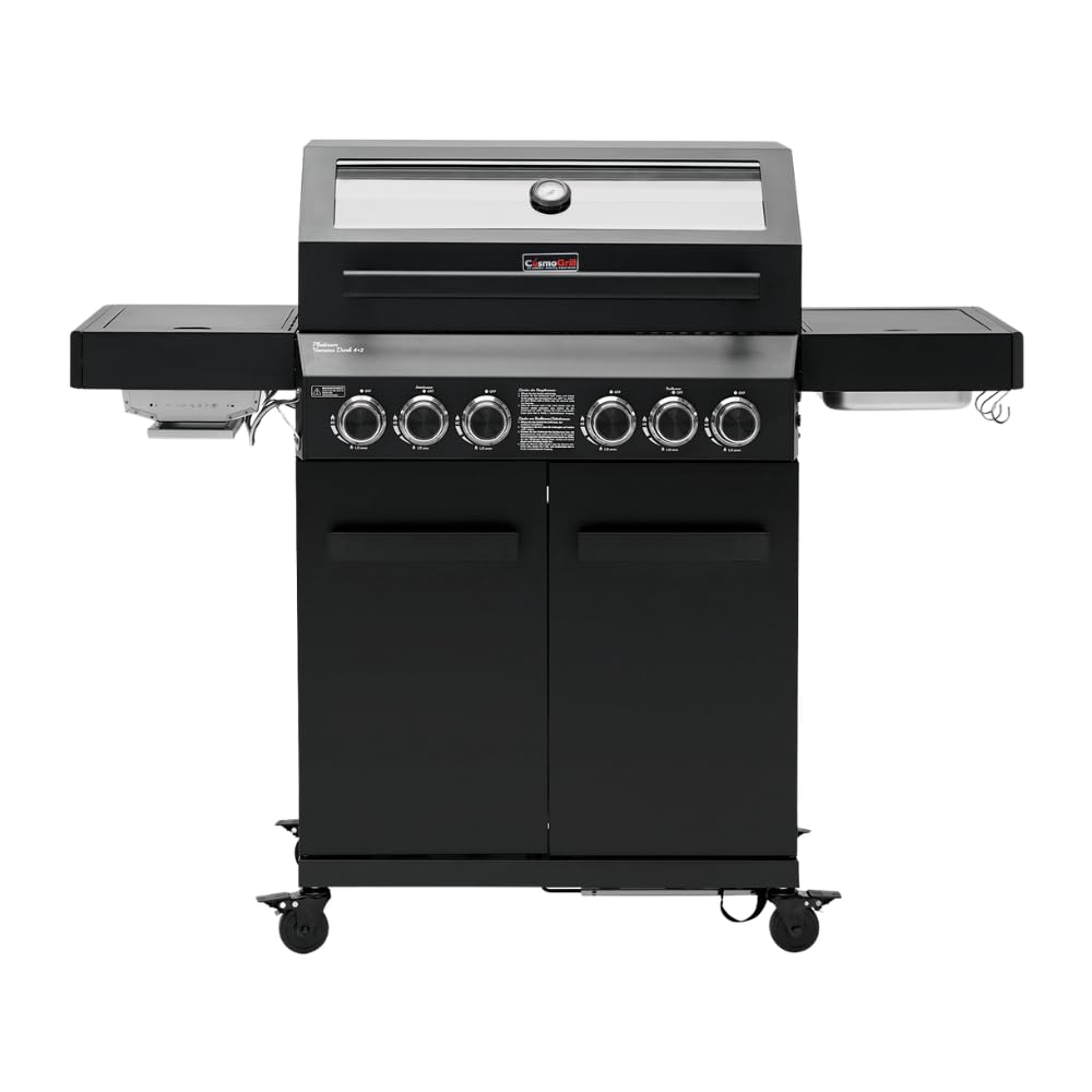 Cosmogrill Black 6 Burner Platinum Yamara Dark 4+2 Gas Bbq, Viewing Glass, 4 Main Burners, 1 Ceramic Sear Zone, 1 Back Grill, Cast Iron Grills & Bamboo Storage (Black)