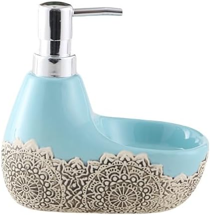 Ceramic Lotion Soap Dispenser with Pump for Bathroom Farmhouse Kitchen Office, Vintage Blue Holder Butterfly Pattern Refillable Empty Decorative Liquid Bottle