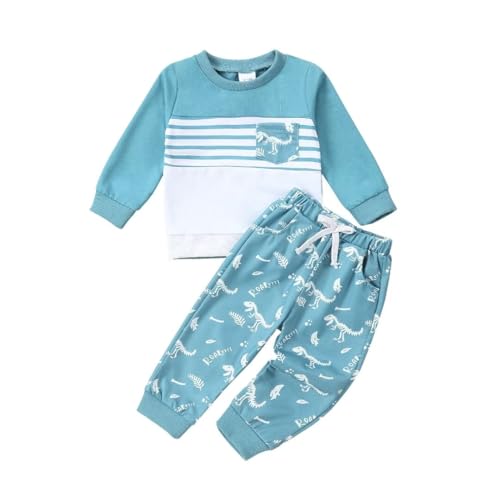 Image of Bekarsy Toddler Baby Boy Fall Winter Clothes Long Sleeve Striped Sweatshirt Dinosaur Pants Outfit Set 12 Months-4T