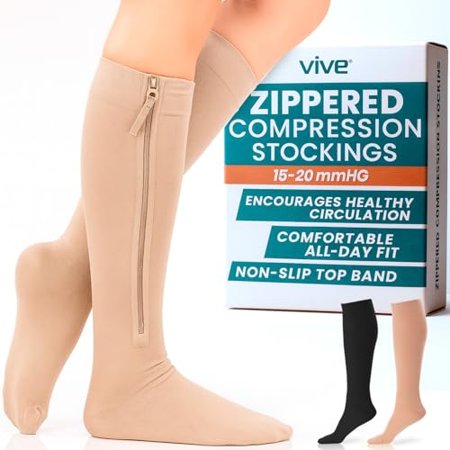 Vive Zipper Compression Socks Medical for Men & Women - 15-20 mmHg Knee High Stockings for Varicose Veins, Recovery, Edema, Post-Surgery Support - Elastic & Comfortable - Easy On for Elderly