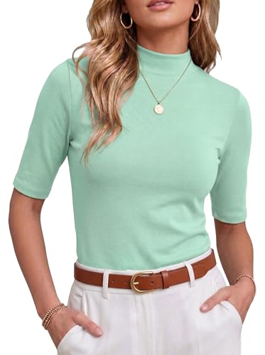 PrinStory Womens Tops Mock Neck Dressy Casual Shirts Slim Fit Turquoise M