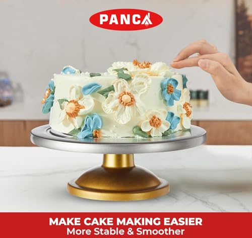 Image of PANCA Cake Decorating & Icing Turntable | Signature Edition 12-Inch 360 Rotating Cake Stand for Baking & Serving | Fiber Cake Turntable with Silver Top & Golden Base | Professional Cake Decorating Stand
