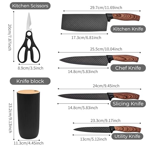 Image of Professional Piece Kitchen Knife Set - High Carbon Stainless Steel Chef, Utility & Santoku Knives with Ergonomic Blue Handles Knife (Black, 6 piece)
