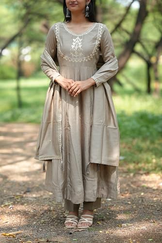 Image of MOKOSH Women's Silk Embroidery Anakrali Kurta Pant with Dupatta | Anarkali Kurta Set | Round Neck Full Sleeve Ethnic Suit | Floral Kurta 7 Colour Option Available | 3 Piece Outfit
