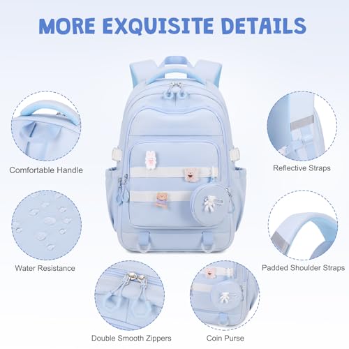 Backpacks for Girls - 4PCS Girls Backpack with Lunch Bag & Pencil Pouch Coin Pruse for Teens Kids Elementary Middle High School College Student Bookbag Daypack (Blue)4