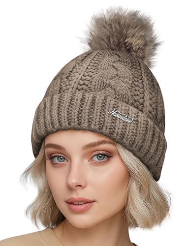 Neverless® Damen Wintermütze mit Fleece Gefüttert Warm & Winddicht Strickmütze Bommelmütze Model 1980 Dunkel-beige Unisize