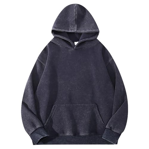Mens Cotton Hooded Sweatshirt Unisex Vintage Long Sleeve Pullover Trendy Acid Wash Tops Soild Boyfriend Pockets Shirts