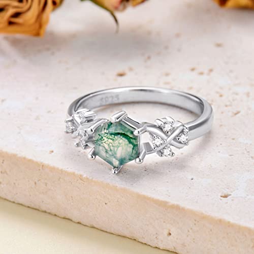 Platyco 1Ct Moss Agate Ring 925 Sterling Silver Natural Agate Engagement Ring Hexagon Shaped Green Agate Promise Rings Gift For Women (Size 9) #TOP3