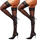 RSLOVE Halterlose Strümpfe Damen Sexy - Spitze Strapsstrümpfe Nylonstrümpfe mit Rutschfestem Silicone Schwarz, L, 2er-Pack