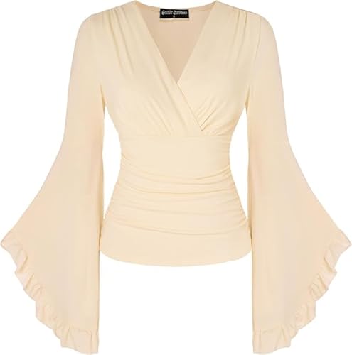 SCARLET DARKNESS Women Renaissance Shirt V Neck Wrap Top Long Bell Sleeve Ruched Blouse - Apricot - Medium