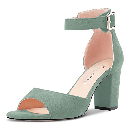 Castamere Women Chunky Block Mid Heel Peep Open Toe Ankle Strap Sandals 8.5CM Heels