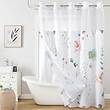 QiyI Flower Shower Curtain with Snap in Liner, Sage Green and Pink Watercolor Floral Cloth Bath Curtains, No Hook Shower Curtains with Mesh Top Window, Waterproof Bathroom Curtain Set, 72 x 75 Inch