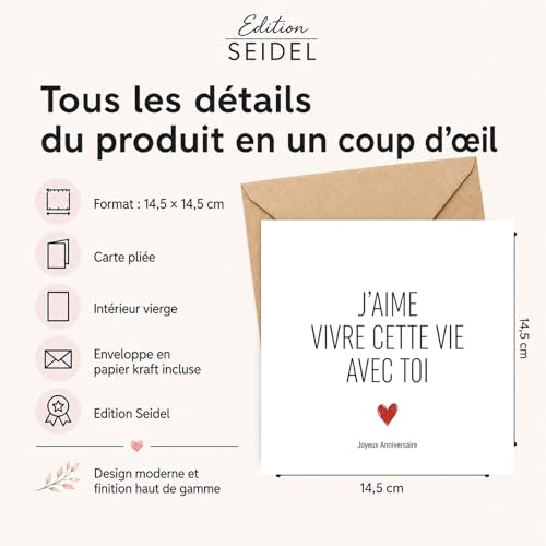 Edition Seidel Premium Carte d'anniversaire carrée avec enveloppe. Carte de vœux française Joyeux Anniversaire pour Hommes Femmes Partenaire Amies amour Cœur (GQ808 SW026) – vue 4