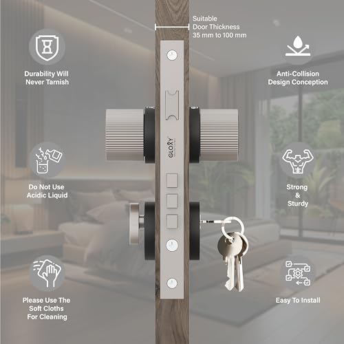 Image of Gloxy Zinc Keyless Door Lock Handle for Dorset with Brass Lock Body Set with 3 Key Main Door Locks for Kitchen, Hotel, Bathroom, Home | Satin & Black Finish (2 Years Warranty, Pack of 1)