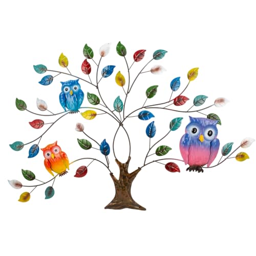 dreamskip Tree of Life Metal Wall Art, 25" Outdoor Large Wall Sculpture with Colorful Leaves and Owls, Tree Metal Wall Decor for Outdoor Indoor, Living Room, Patio, Fence, Bedroom, Garden Decor